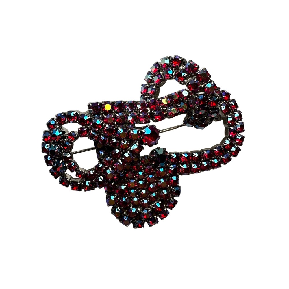 Vintage Red Aurora Borealis Rhinestone Bow Brooch Silver Tone Pin 2.25 Inch